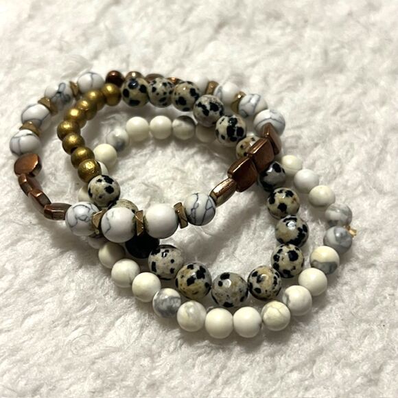 Lot of 3 White Black Gray Marble BeadsCopper Tone Accent Elastic Bracelets - Picture 6 of 6